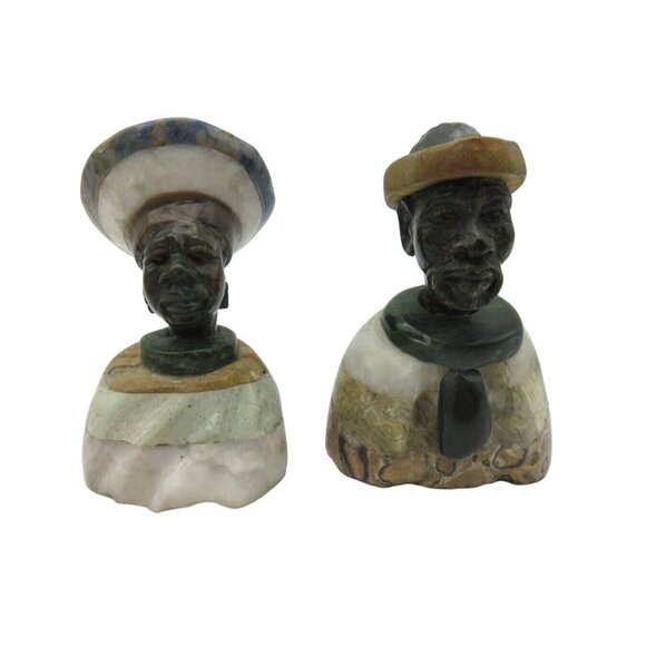 Small Stone Bust Set Colourful Hand Carved in Zimbabwe Africa 3.5" and 3.1" Tall - Picture 1 of 8